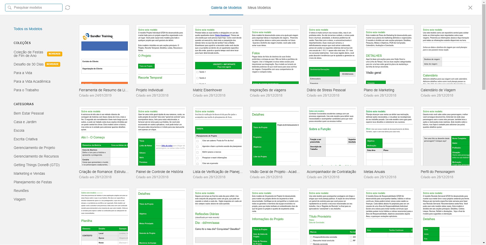 Galeria de templates do Evernote