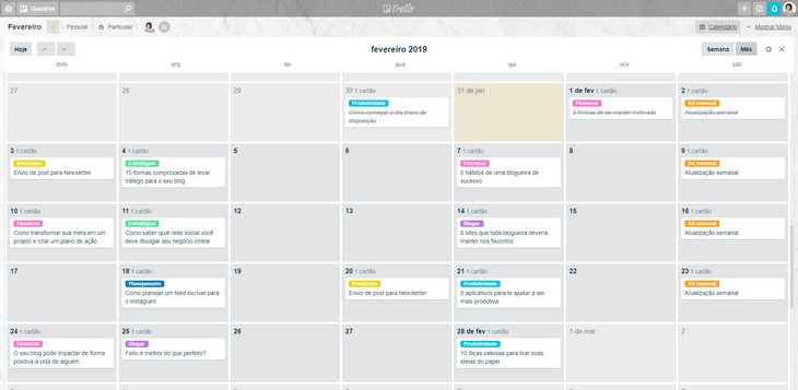 Calendário Editorial feito no Trello